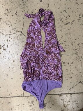 HEMLINE Backless Lavender & Brown Butterfly Print Bodysuit